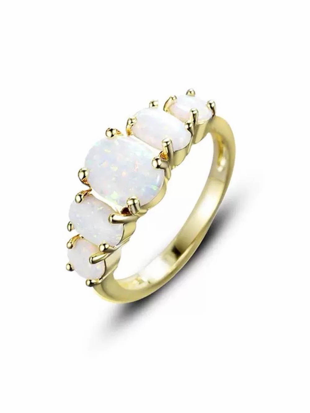 White Opal 5-Stone Ring 14K Gold Plated Titanium Steel Graduated Band US Size‎ 6